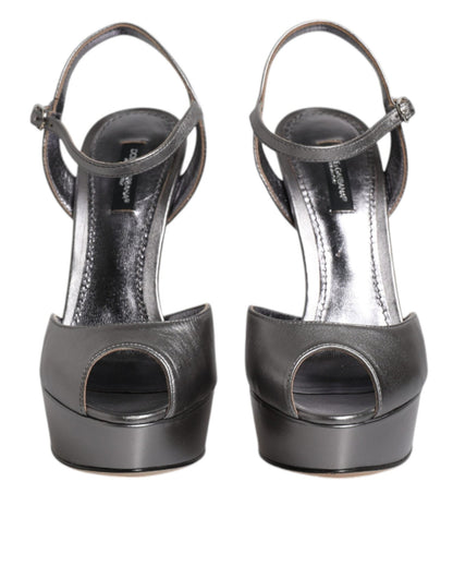 Dolce & Gabbana Silver Leather Platform Heels Sandals Shoes - SMARTMARTNZ