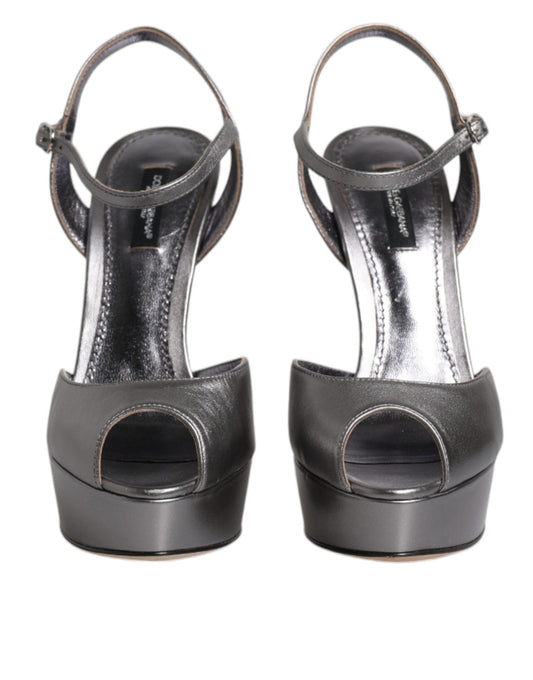 Dolce & Gabbana Silver Leather Platform Heels Sandals Shoes - SMARTMARTNZ