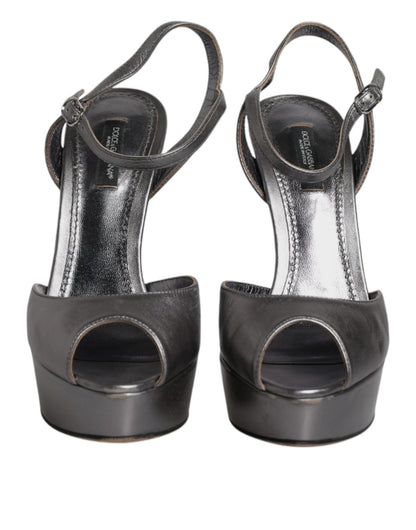 Dolce & Gabbana Silver Leather Platform Heels Sandals Shoes - SMARTMARTNZ