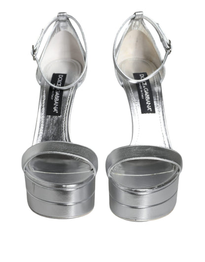 Dolce & Gabbana Silver Leather Platform Keira Sandals Shoes - SMARTMARTNZ