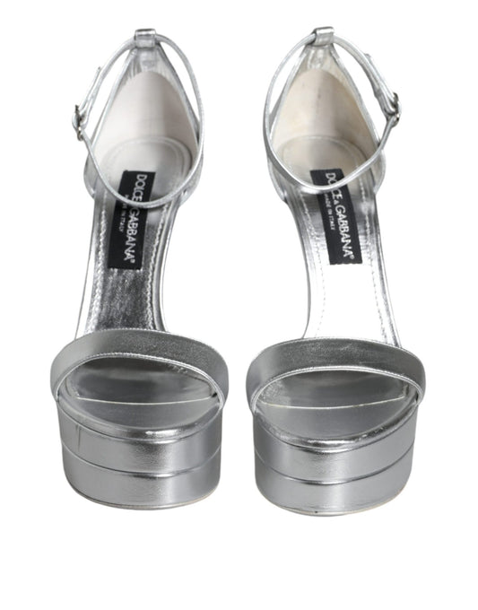 Dolce & Gabbana Silver Leather Platform Keira Sandals Shoes - SMARTMARTNZ