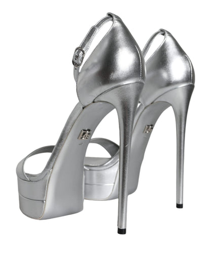 Dolce & Gabbana Silver Leather Platform Keira Sandals Shoes - SMARTMARTNZ