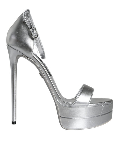 Dolce & Gabbana Silver Leather Platform Keira Sandals Shoes - SMARTMARTNZ