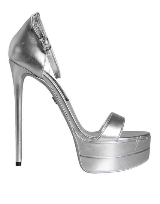 Dolce & Gabbana Silver Leather Platform Keira Sandals Shoes - SMARTMARTNZ