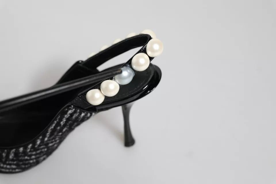 Dolce & Gabbana White Black Chevron Faux Pearl Slingback Shoes - SMARTMARTNZ