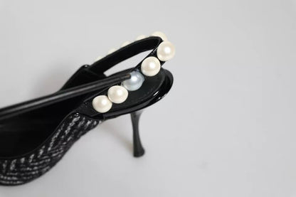 Dolce & Gabbana White Black Chevron Faux Pearl Slingback Shoes - SMARTMARTNZ