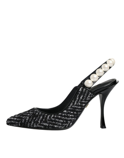 Dolce & Gabbana White Black Chevron Faux Pearl Slingback Shoes - SMARTMARTNZ