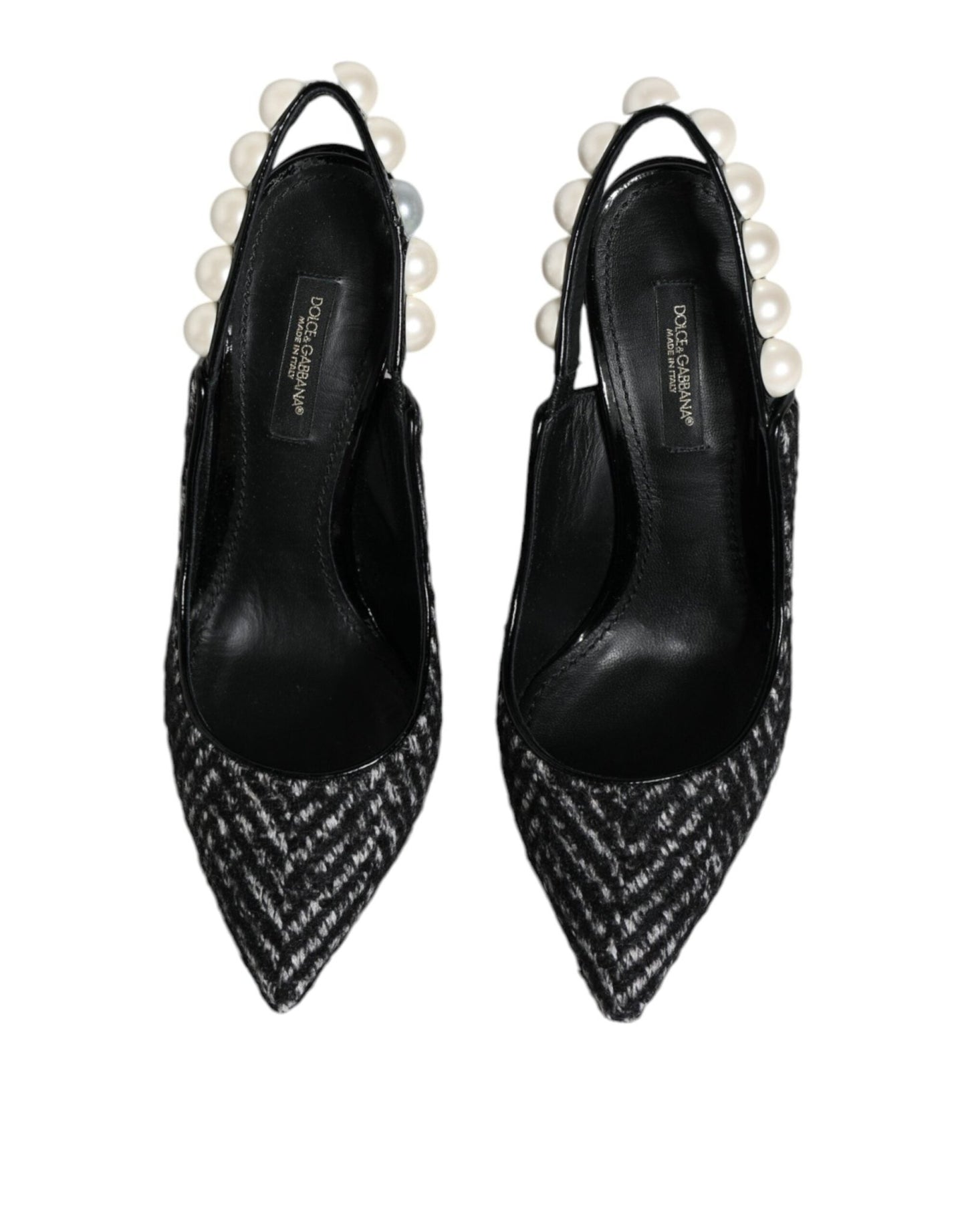 Dolce & Gabbana White Black Chevron Faux Pearl Slingback Shoes - SMARTMARTNZ