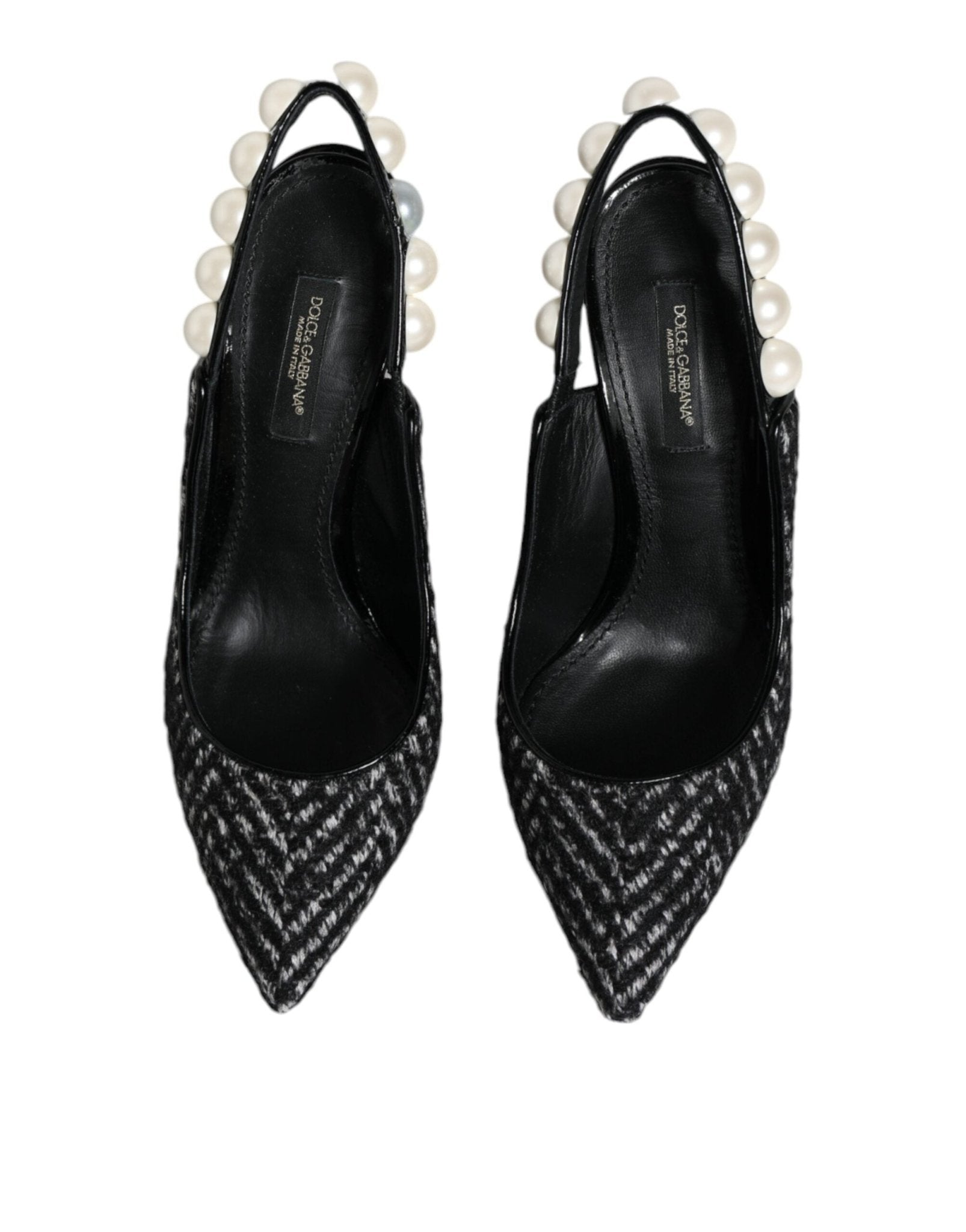 Dolce & Gabbana White Black Chevron Faux Pearl Slingback Shoes - SMARTMARTNZ