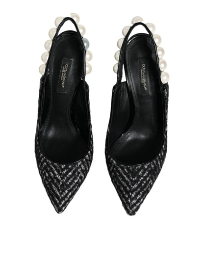 Dolce & Gabbana White Black Chevron Faux Pearl Slingback Shoes - SMARTMARTNZ