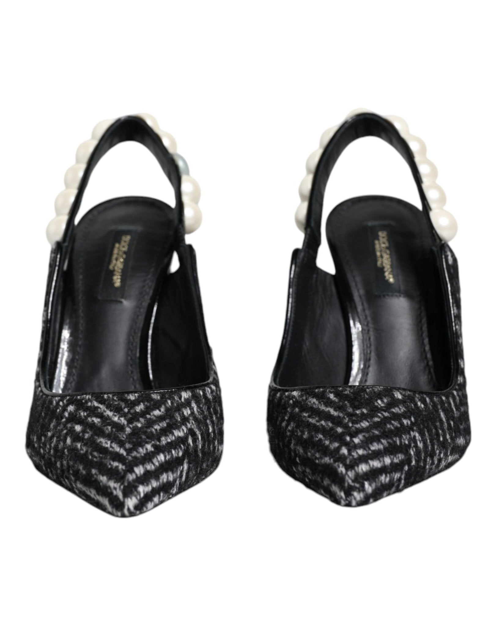 Dolce & Gabbana White Black Chevron Faux Pearl Slingback Shoes - SMARTMARTNZ