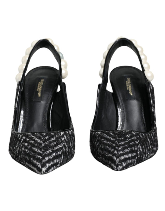 Dolce & Gabbana White Black Chevron Faux Pearl Slingback Shoes - SMARTMARTNZ