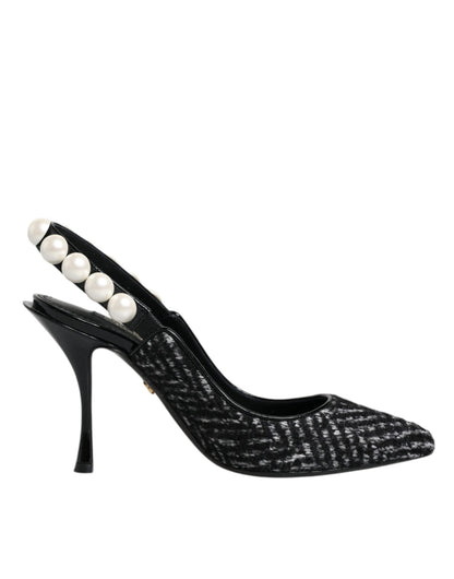Dolce & Gabbana White Black Chevron Faux Pearl Slingback Shoes - SMARTMARTNZ