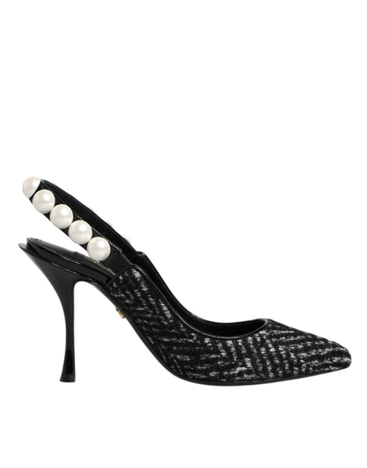 Dolce & Gabbana White Black Chevron Faux Pearl Slingback Shoes - SMARTMARTNZ