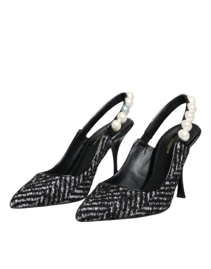 Dolce & Gabbana White Black Chevron Faux Pearl Slingback Shoes - SMARTMARTNZ