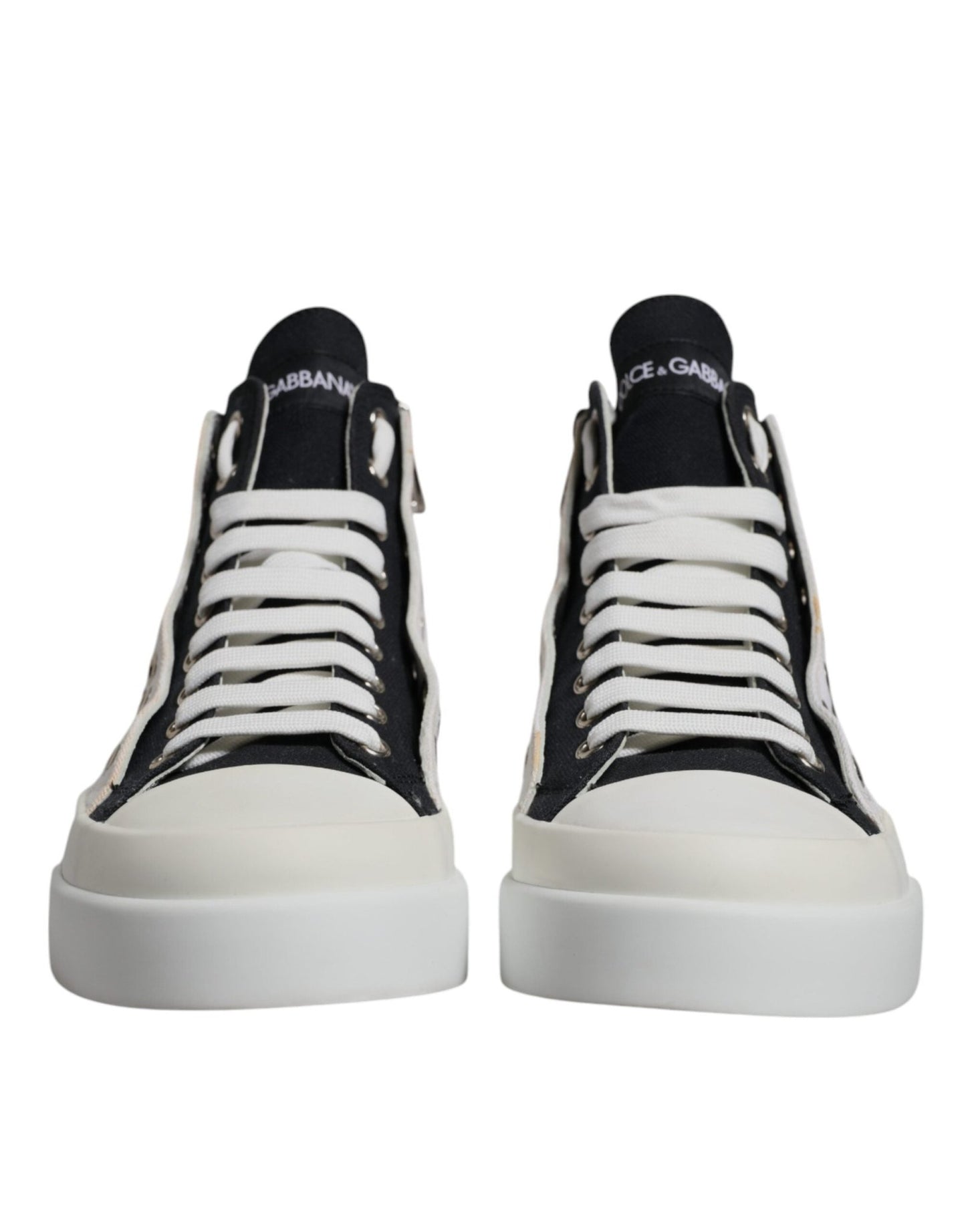 Dolce & Gabbana White Black Cotton High Top Sneakers Shoes - SMARTMARTNZ