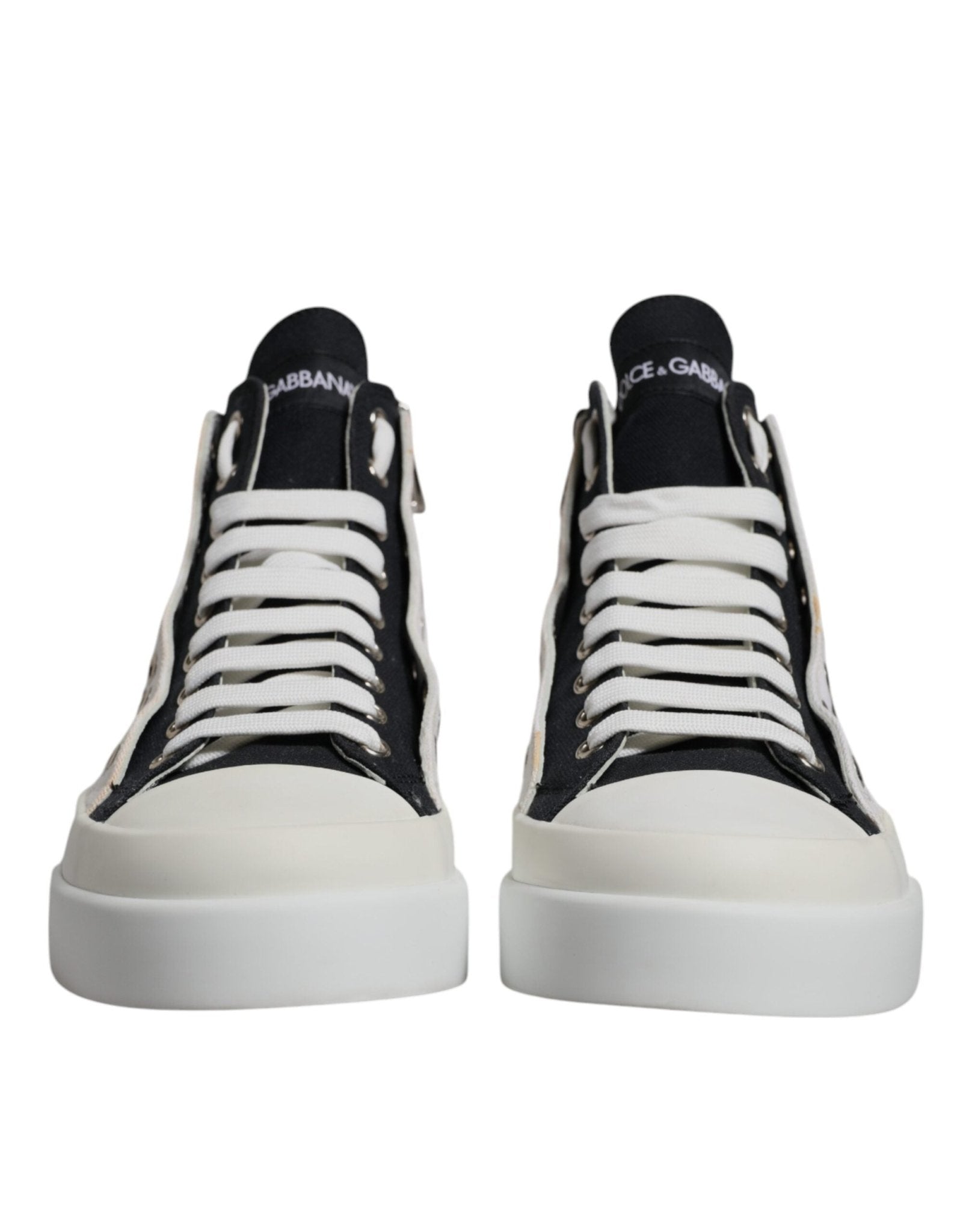 Dolce & Gabbana White Black Cotton High Top Sneakers Shoes - SMARTMARTNZ