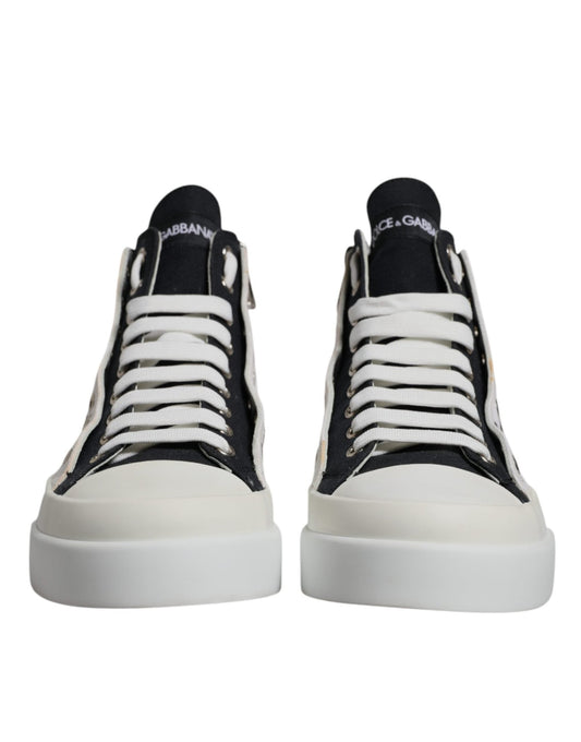 Dolce & Gabbana White Black Cotton High Top Sneakers Shoes - SMARTMARTNZ