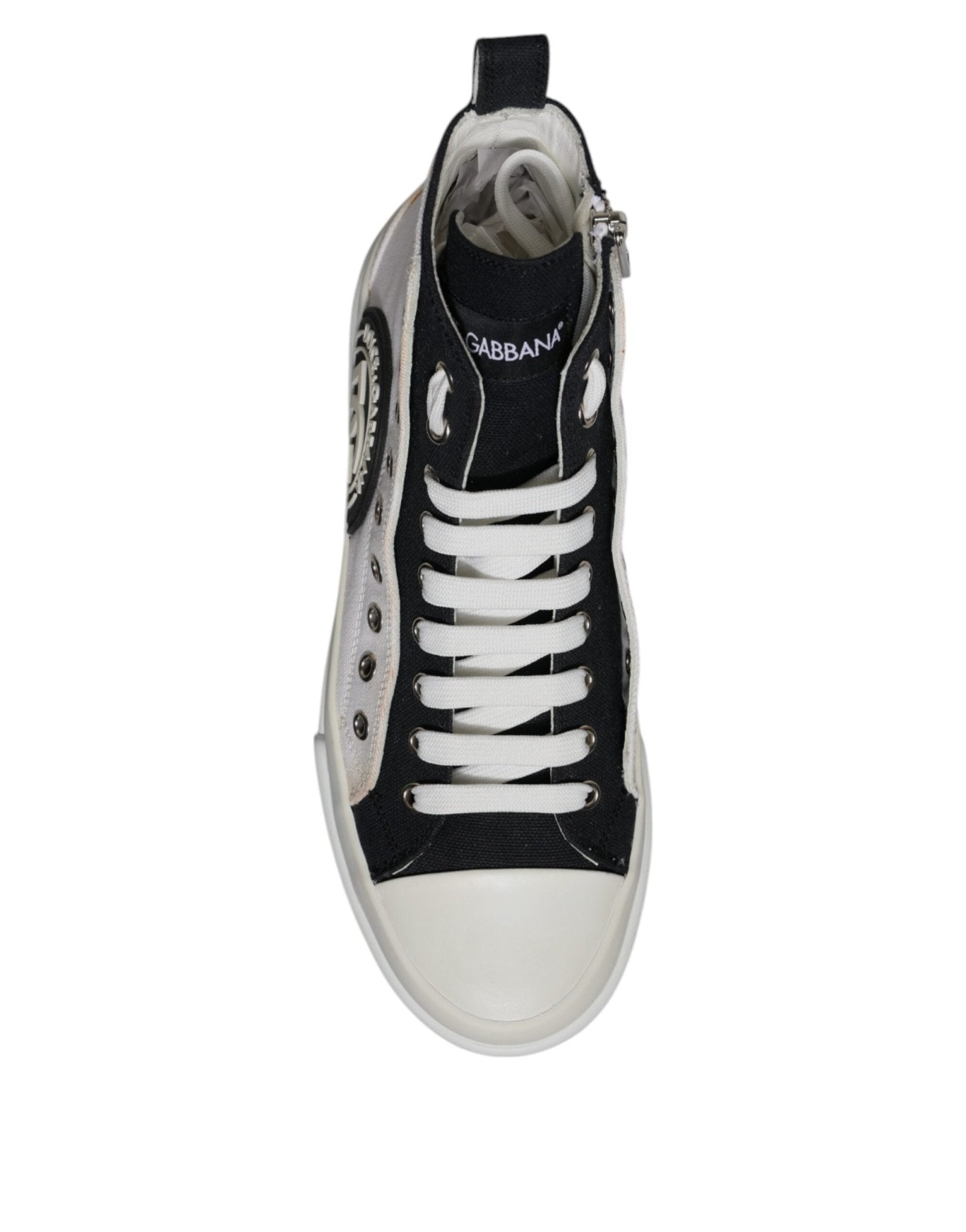 Dolce & Gabbana White Black Cotton High Top Sneakers Shoes - SMARTMARTNZ