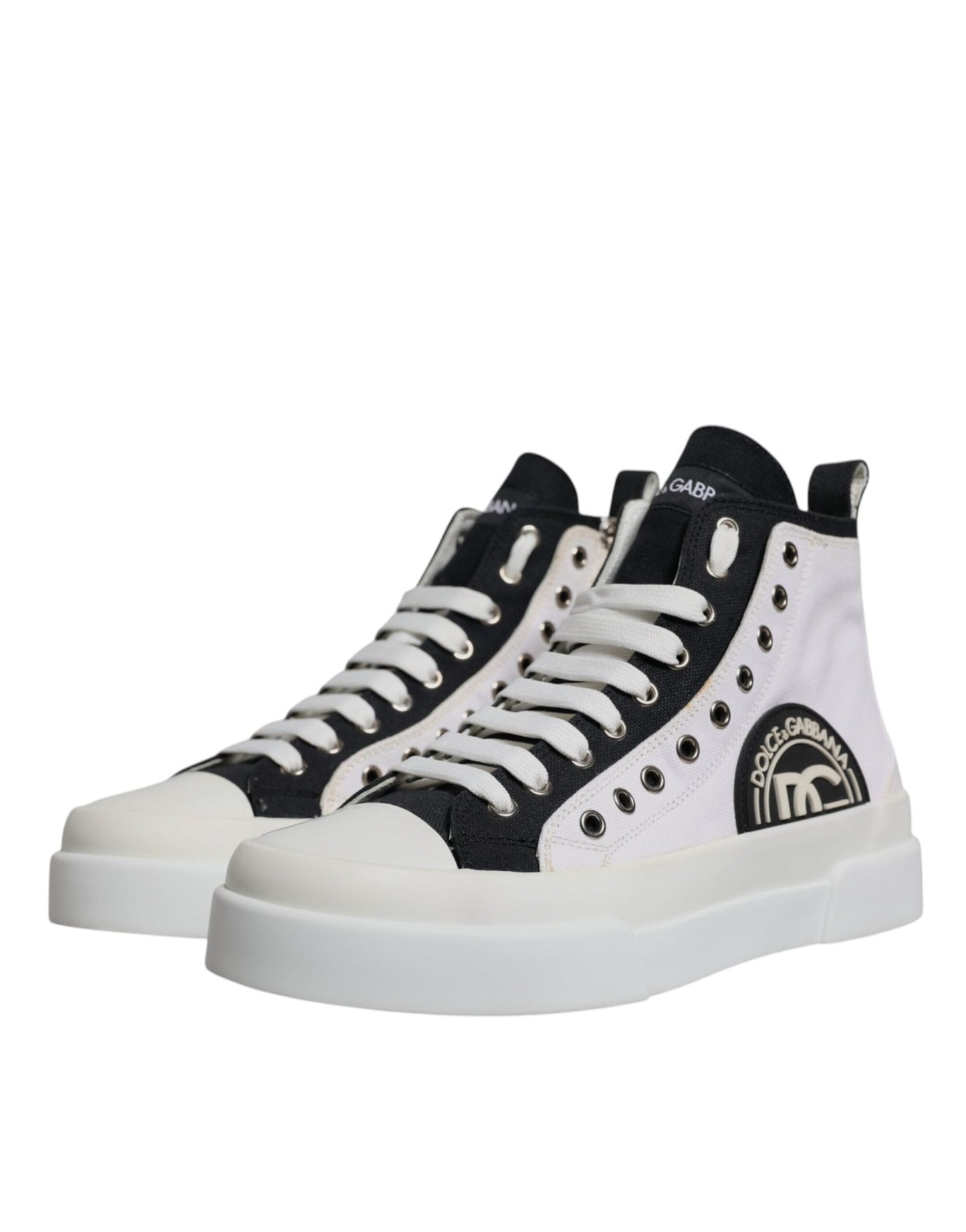 Dolce & Gabbana White Black Cotton High Top Sneakers Shoes - SMARTMARTNZ
