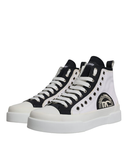 Dolce & Gabbana White Black Cotton High Top Sneakers Shoes - SMARTMARTNZ