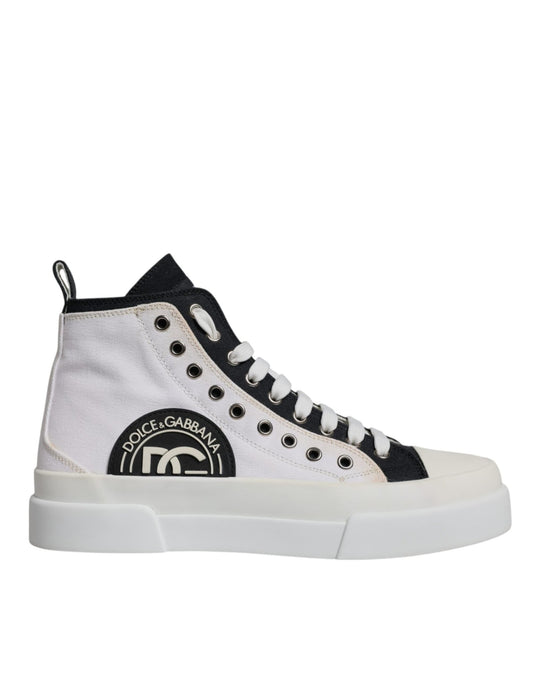 Dolce & Gabbana White Black Cotton High Top Sneakers Shoes - SMARTMARTNZ