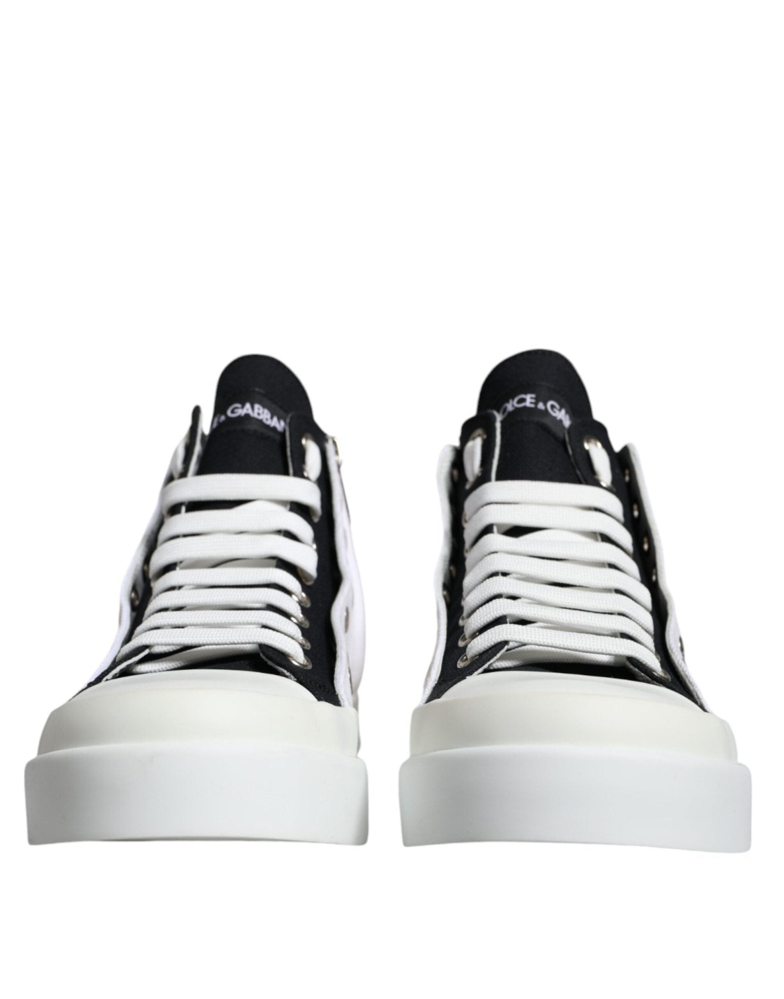 Dolce & Gabbana White Black Cotton Logo High Top Sneaker Shoes - SMARTMARTNZ