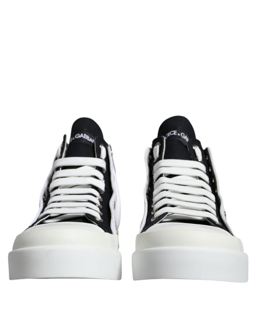 Dolce & Gabbana White Black Cotton Logo High Top Sneaker Shoes - SMARTMARTNZ