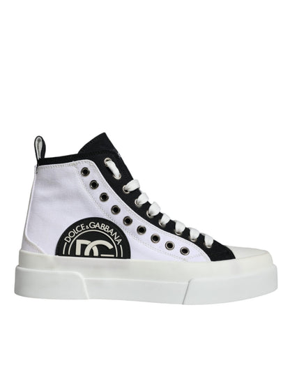 Dolce & Gabbana White Black Cotton Logo High Top Sneaker Shoes - SMARTMARTNZ