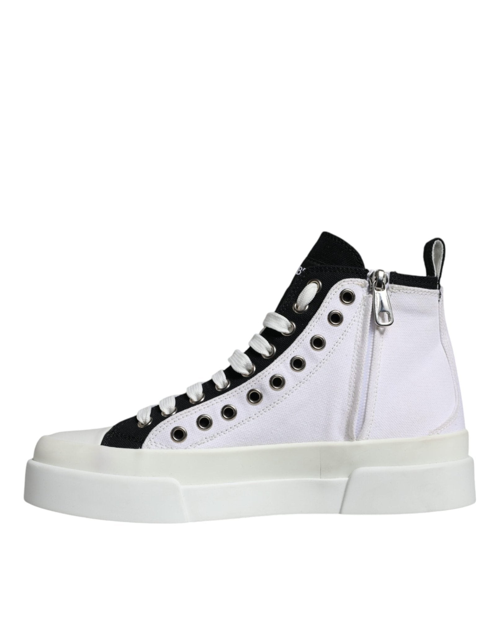 Dolce & Gabbana White Black Cotton Logo High Top Sneaker Shoes - SMARTMARTNZ
