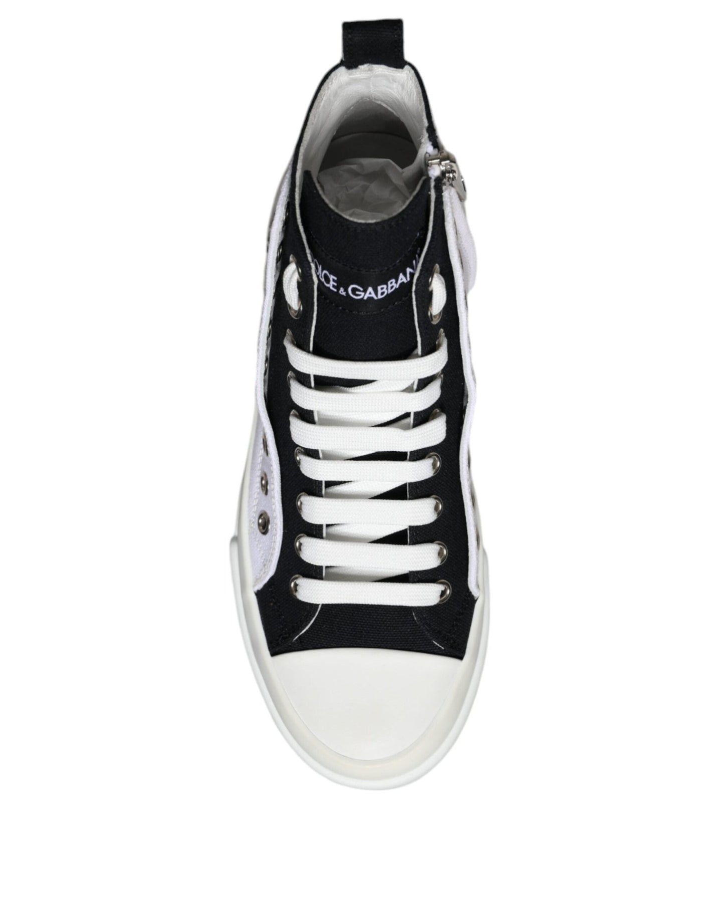 Dolce & Gabbana White Black Cotton Logo High Top Sneaker Shoes - SMARTMARTNZ