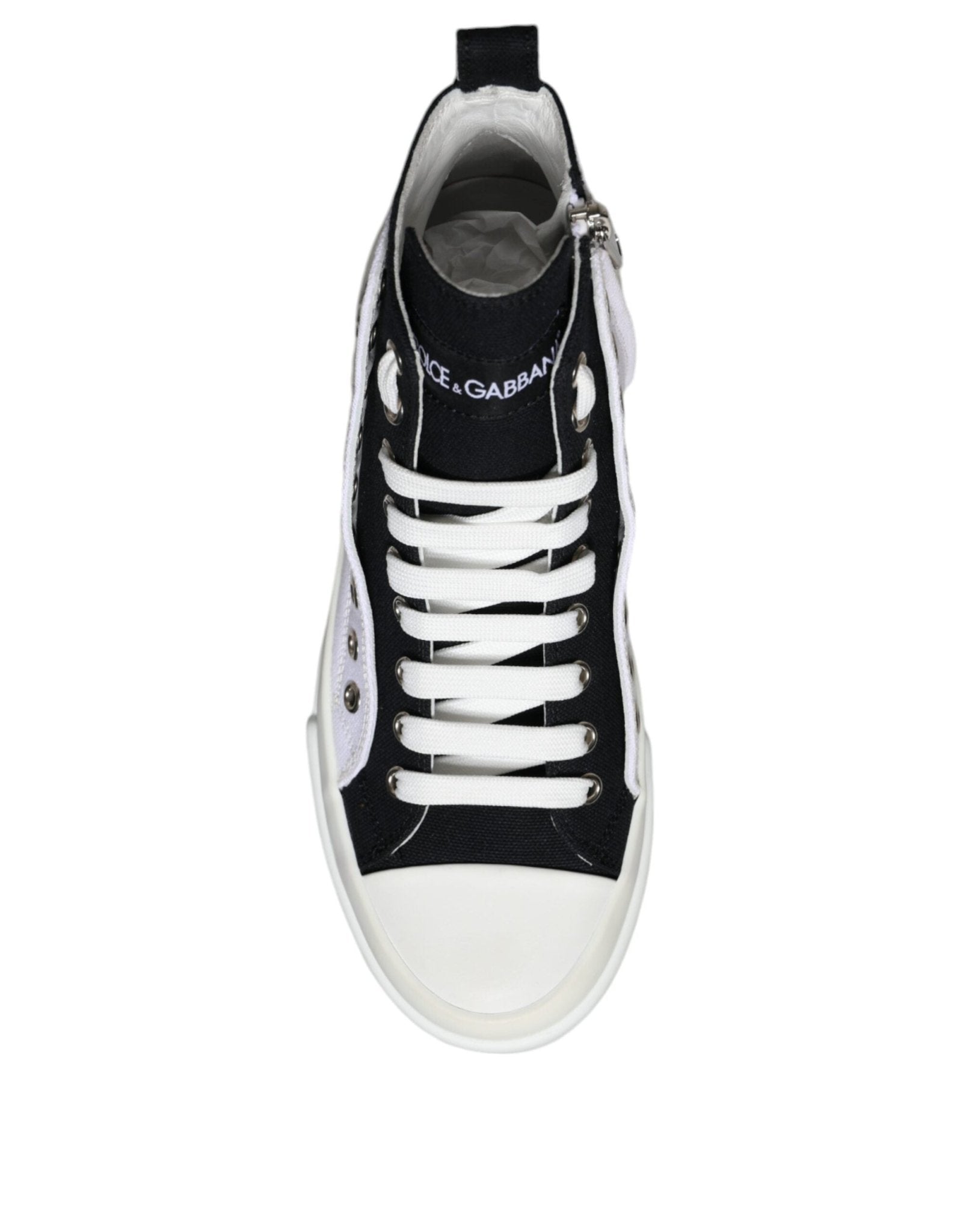 Dolce & Gabbana White Black Cotton Logo High Top Sneaker Shoes - SMARTMARTNZ