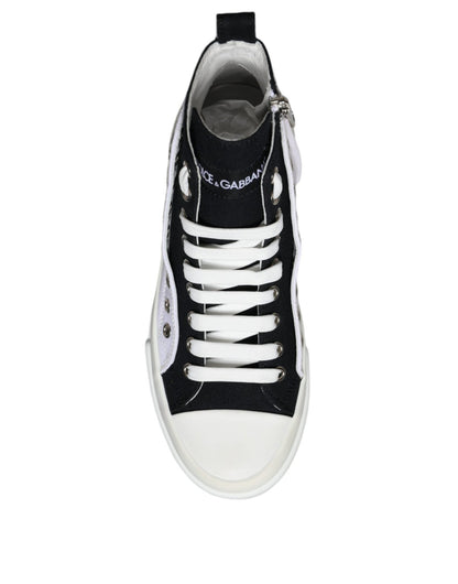 Dolce & Gabbana White Black Cotton Logo High Top Sneaker Shoes - SMARTMARTNZ