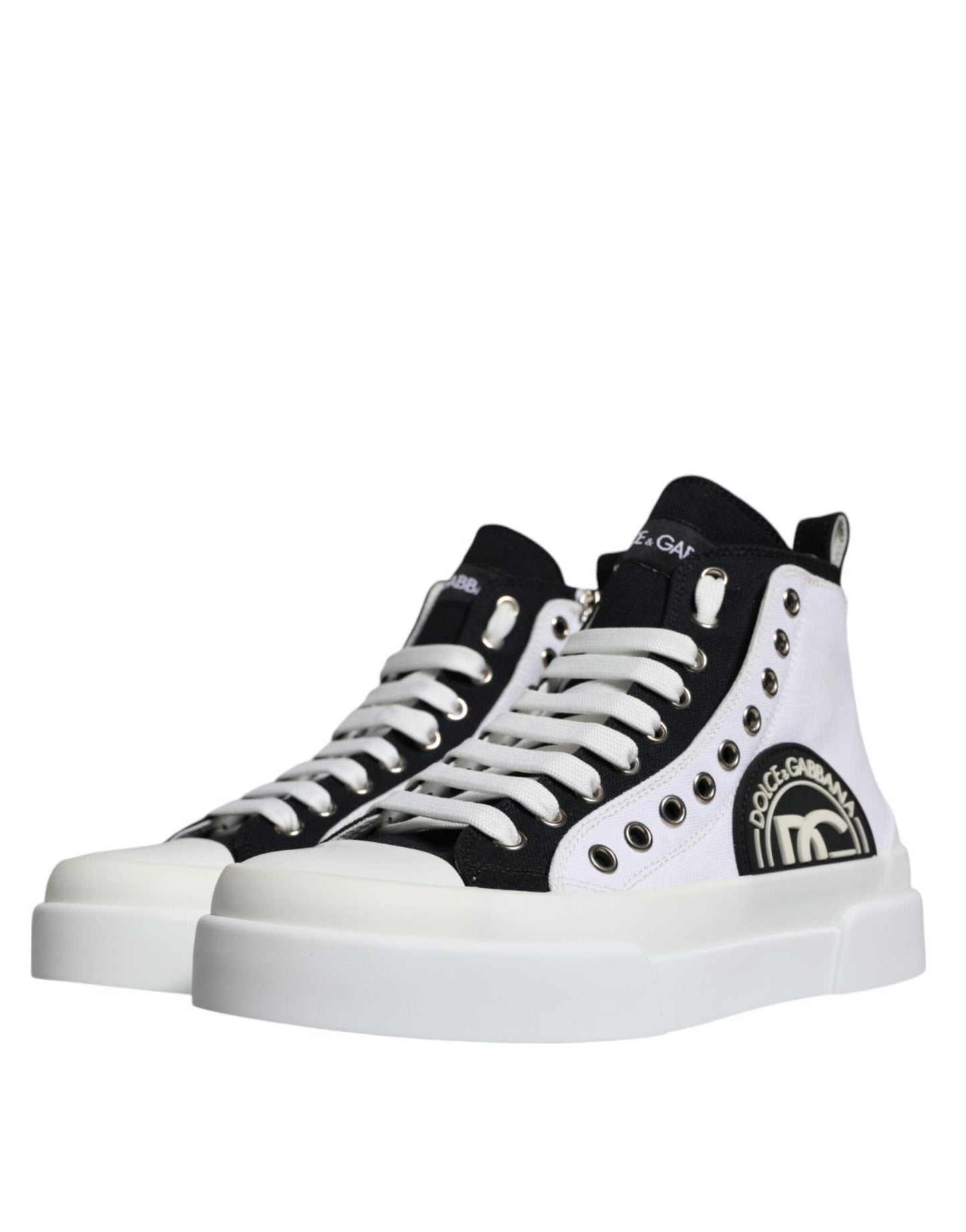 Dolce & Gabbana White Black Cotton Logo High Top Sneaker Shoes - SMARTMARTNZ
