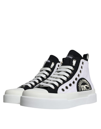 Dolce & Gabbana White Black Cotton Logo High Top Sneaker Shoes - SMARTMARTNZ