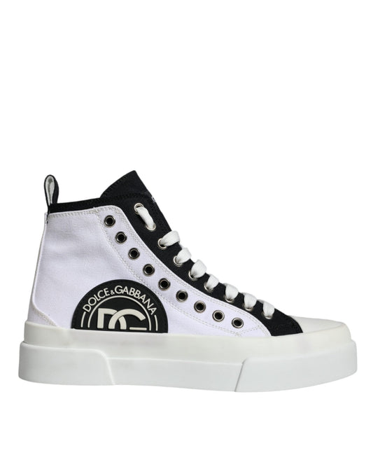 Dolce & Gabbana White Black Cotton Logo High Top Sneaker Shoes - SMARTMARTNZ