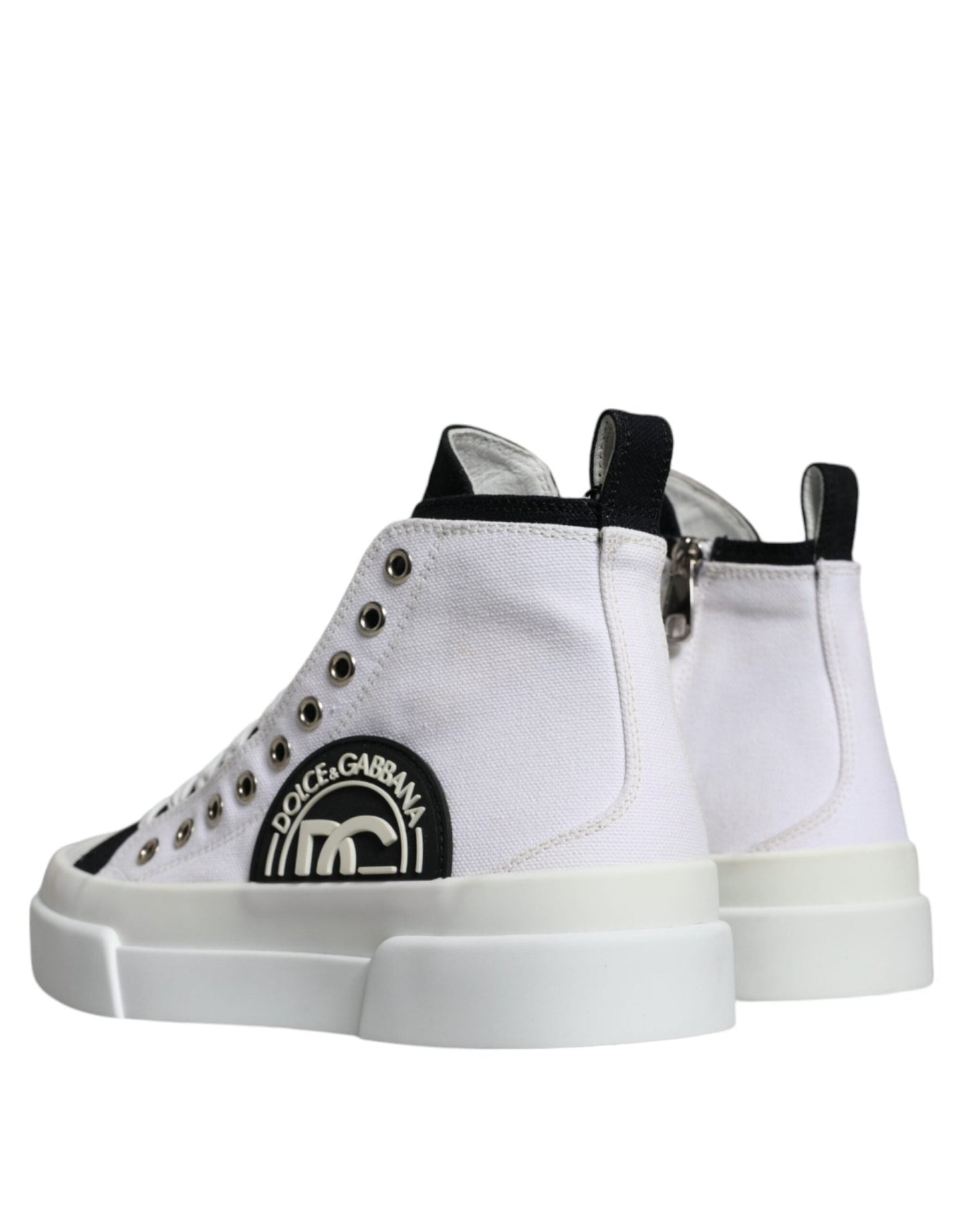 Dolce & Gabbana White Black Cotton Logo High Top Sneaker Shoes - SMARTMARTNZ