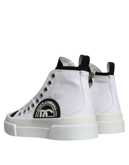 Dolce & Gabbana White Black Cotton Logo High Top Sneaker Shoes - SMARTMARTNZ