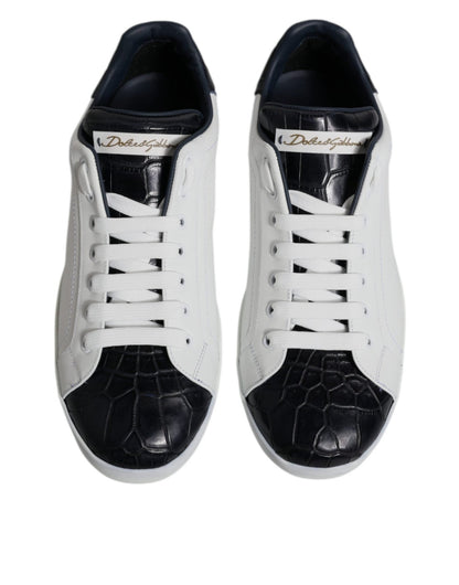 Dolce & Gabbana White Black Leather Portofino Sneakers Shoes - SMARTMARTNZ