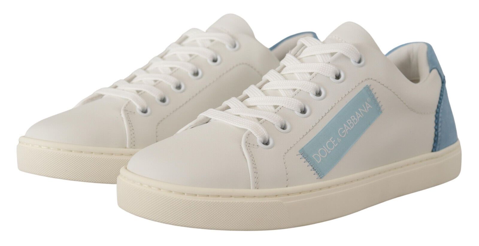 Dolce & Gabbana White Blue Leather Low Top Sneakers Shoes - SMARTMARTNZ
