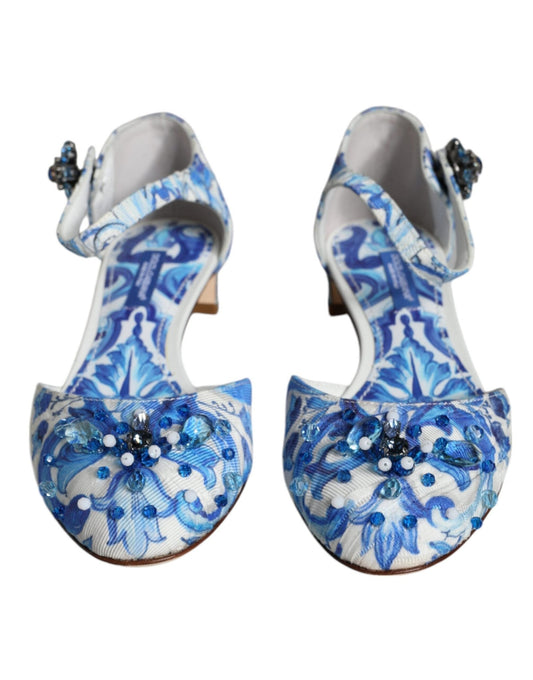 Dolce & Gabbana White Blue Majolica Print Ankle Strap Sandals Shoes - SMARTMARTNZ