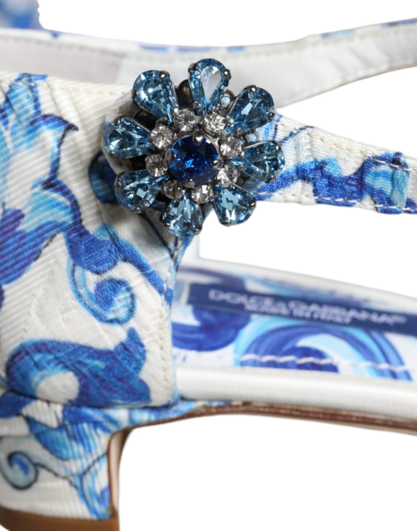 Dolce & Gabbana White Blue Majolica Print Ankle Strap Sandals Shoes - SMARTMARTNZ