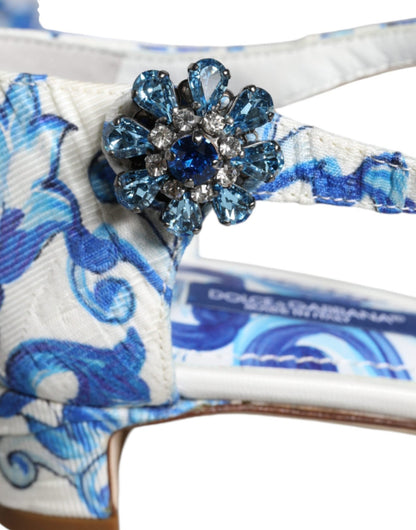 Dolce & Gabbana White Blue Majolica Print Ankle Strap Sandals Shoes - SMARTMARTNZ