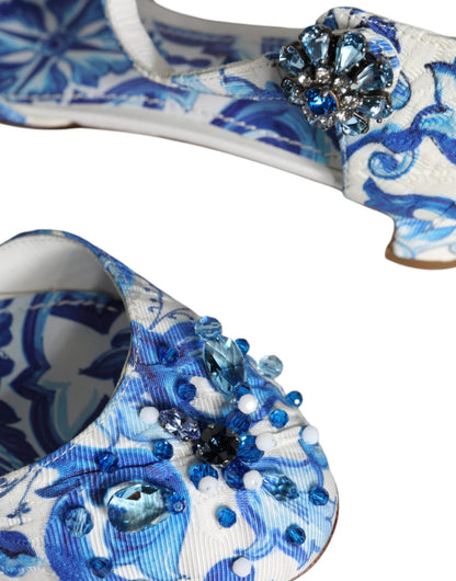 Dolce & Gabbana White Blue Majolica Print Ankle Strap Sandals Shoes - SMARTMARTNZ