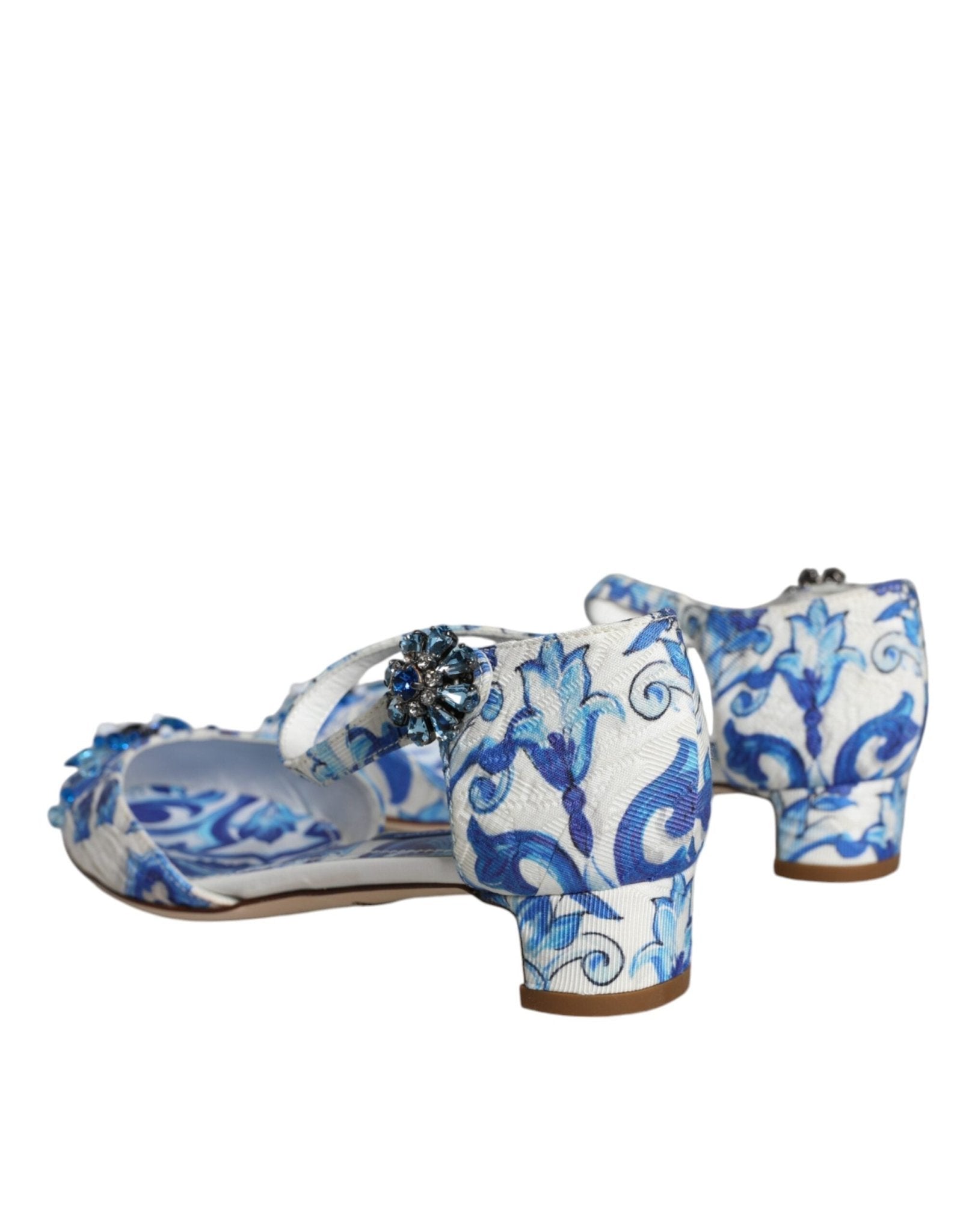 Dolce & Gabbana White Blue Majolica Print Ankle Strap Sandals Shoes - SMARTMARTNZ