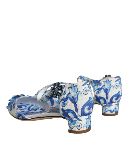 Dolce & Gabbana White Blue Majolica Print Ankle Strap Sandals Shoes - SMARTMARTNZ