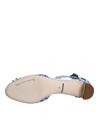 Dolce & Gabbana White Blue Majolica Print Ankle Strap Sandals Shoes - SMARTMARTNZ