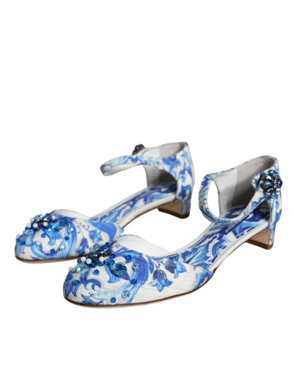 Dolce & Gabbana White Blue Majolica Print Ankle Strap Sandals Shoes - SMARTMARTNZ