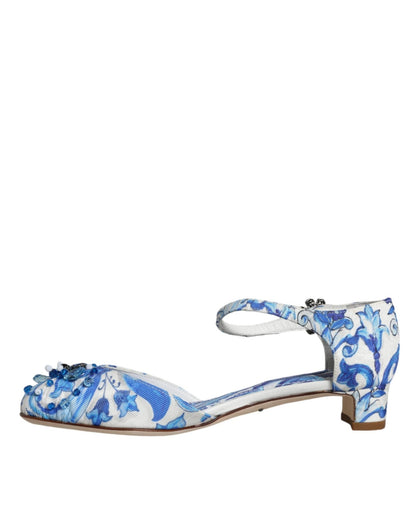 Dolce & Gabbana White Blue Majolica Print Ankle Strap Sandals Shoes - SMARTMARTNZ