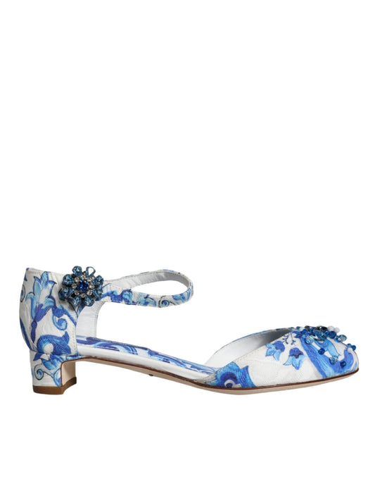 Dolce & Gabbana White Blue Majolica Print Ankle Strap Sandals Shoes - SMARTMARTNZ